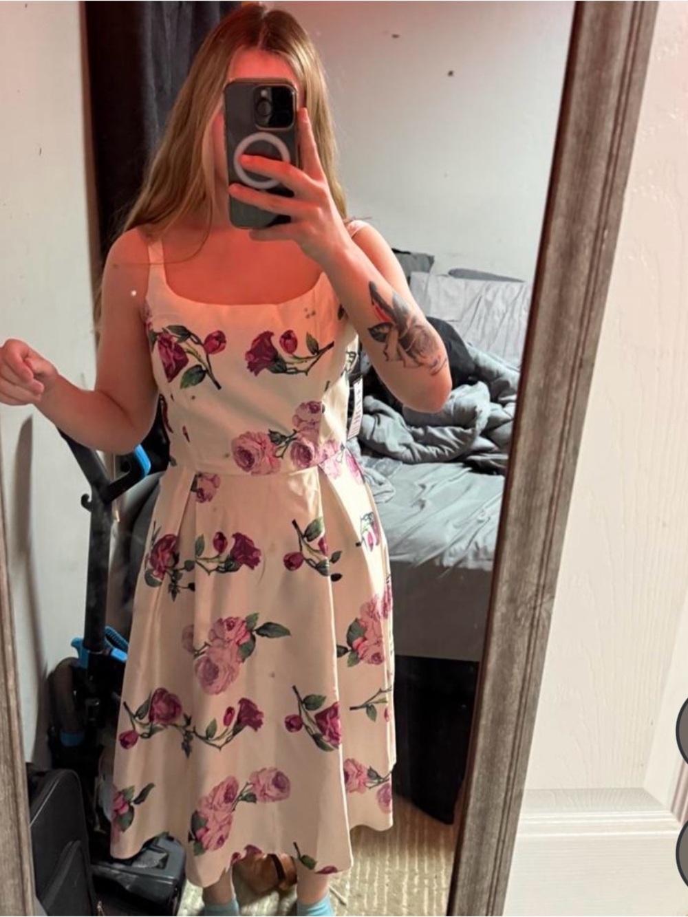 Cream Midi Dress with Pink Rose Print